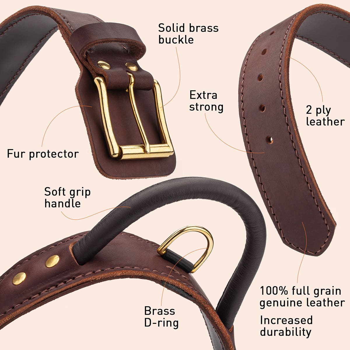 Extra Durable 2 Ply Leather Dog Collar with Handle