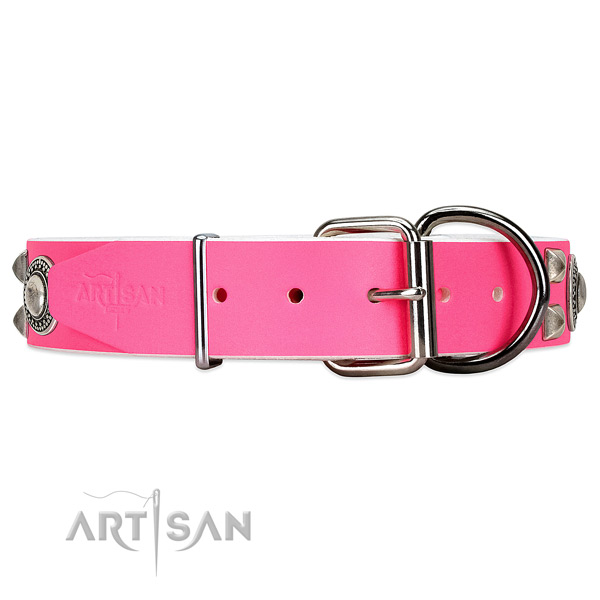 Strong leather dog collar with chrome plated hardware