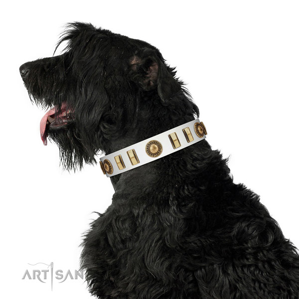 Natural Leather Black Russian Terrier Collar with Incredible Adornments