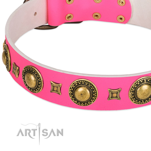 Modern pink leather dog collar with cool decorations