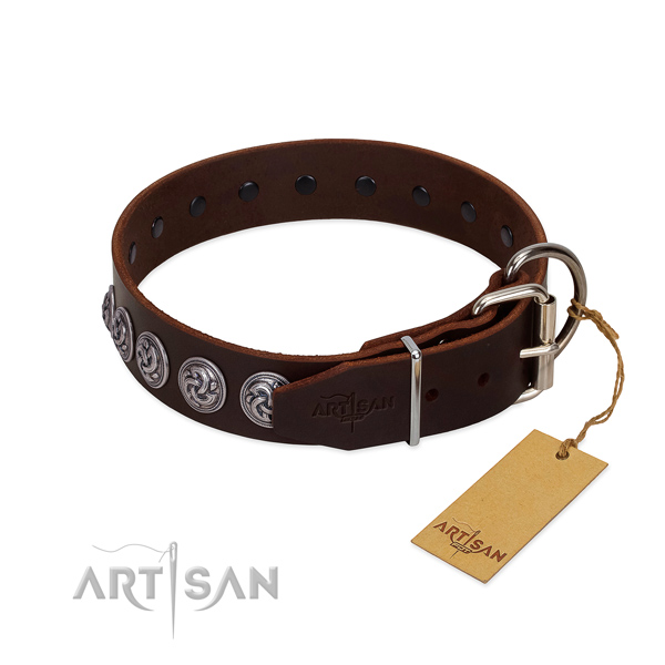 FDT Artisan brown leather dog collar with old silver-like decorations