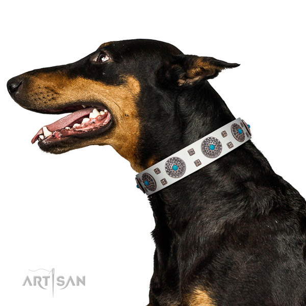 One and only white leather Doberman collar with deluxe studs