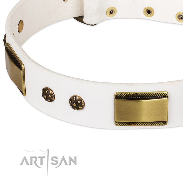 Bronze Look Decor on White Leather Dog Collar