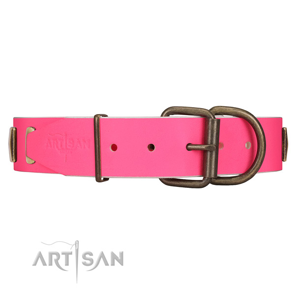 Rust resistant old bronze-like plated fittings on pink leather dog collar