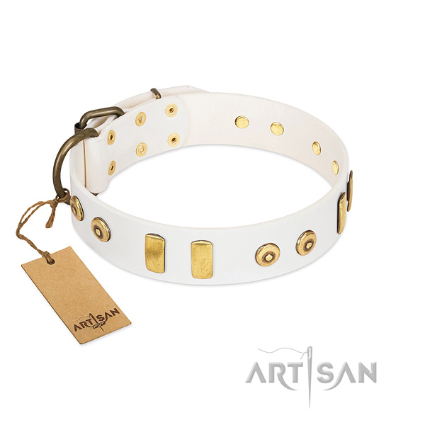 Designer White Leather Dog Collar Adorned with Studs and Plates