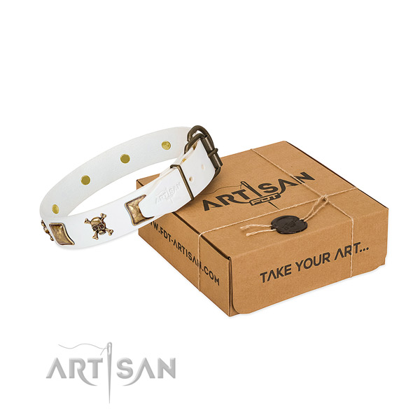 Handmade white leather dog collar for comfortable walking