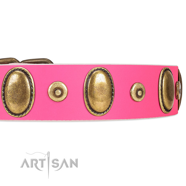 Bright Pink Leather Dog Collar with Vintage-looking Decorations