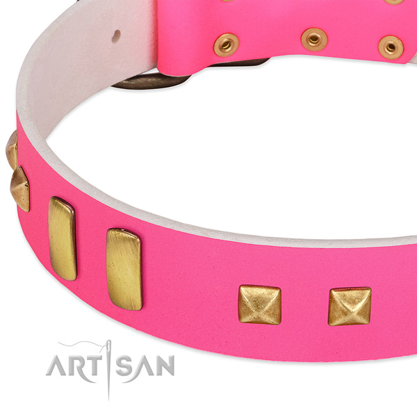 Extraordinary Pink Dog Collar with Old-bronze Plated Decorations