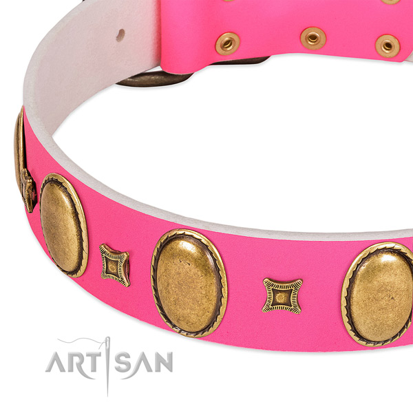 Pink leather dog collar with vintage decorations