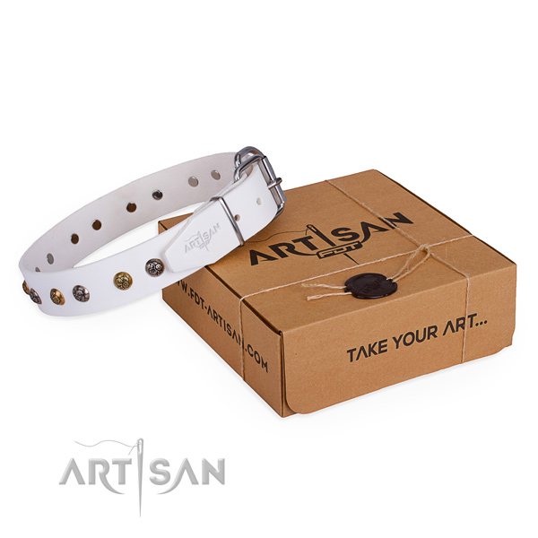 Embellished white leather dog collar