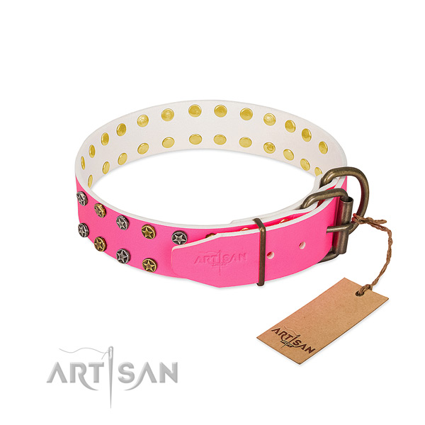 Studded leather dog collar with old bronze-like plated fittings