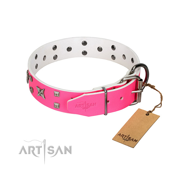 Comfortable to wear pink leather dog collar won't cut into skin