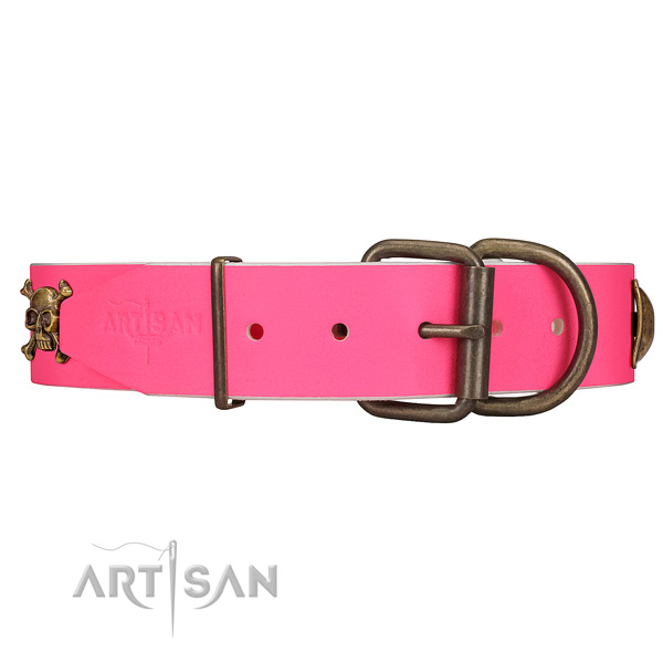 Durable pink leather dog collar with old bronze-like hardware