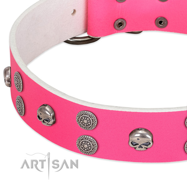 Pink leather dog collar with vintage decorations