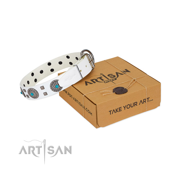 FDT Artisan white leather dog collar with round plates and small squares 