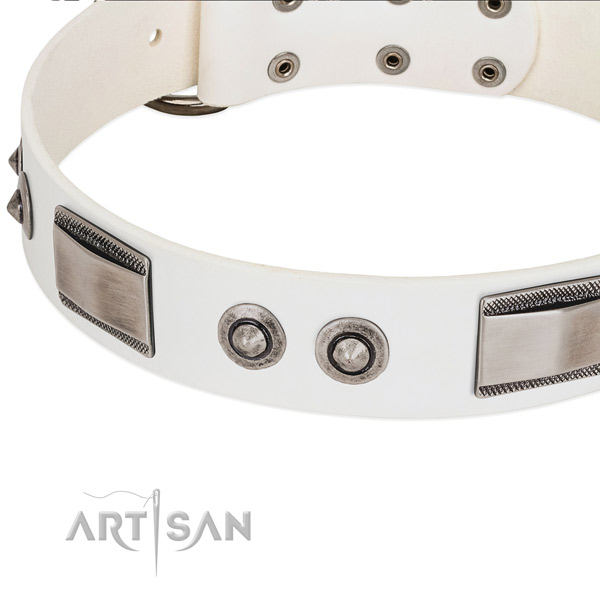 Elegant white dog collar with large plates and spiked studs